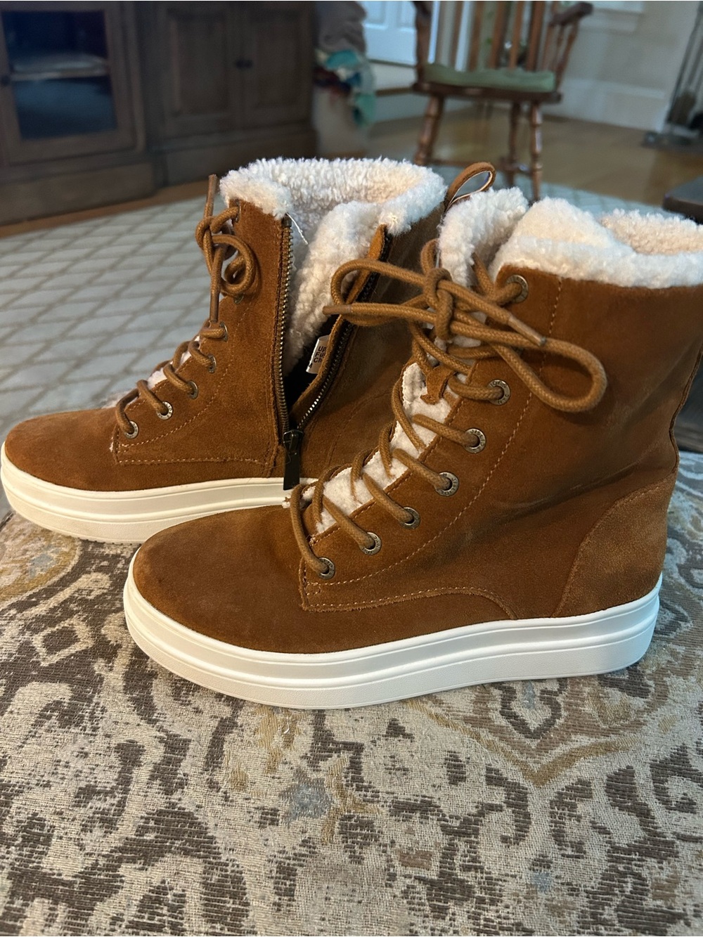 J Slides Brown Suede Lace-Up Sherpa Platform Boots